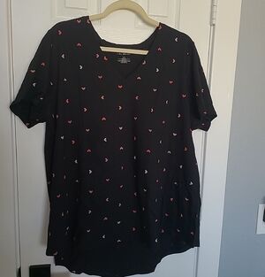 Lane Bryant Black V-Neck Tee with Pink Heart Motif